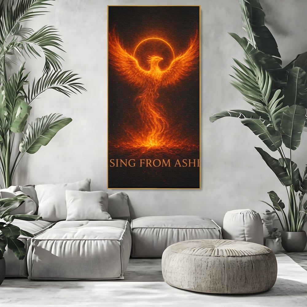 Tablou canvas cu ilustratie digitala cu pasarea phoenix din flacari, in rama de aluminiu auriu, pe perete intr-un living